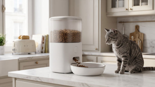 Chat attendant son repas devant un distributeur automatique de croquettes — guide fréquence repas Les Trésors d'Owka