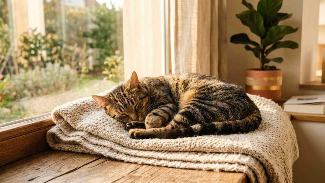 Chat tigré dormant paisiblement lové dans un coin ensoleillé — Les Trésors d'Owka