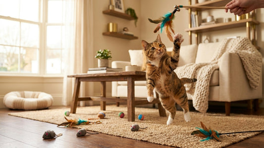 Chat tabby en plein bond attrapant une canne à pêche à plumes dans un salon lumineux