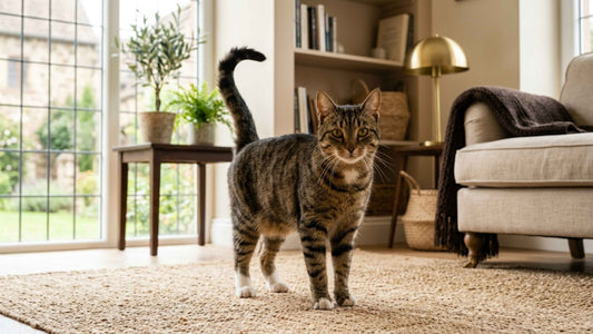 Chat tigré à la queue dressée et aux oreilles en avant, expressif — Les Trésors d'Owka