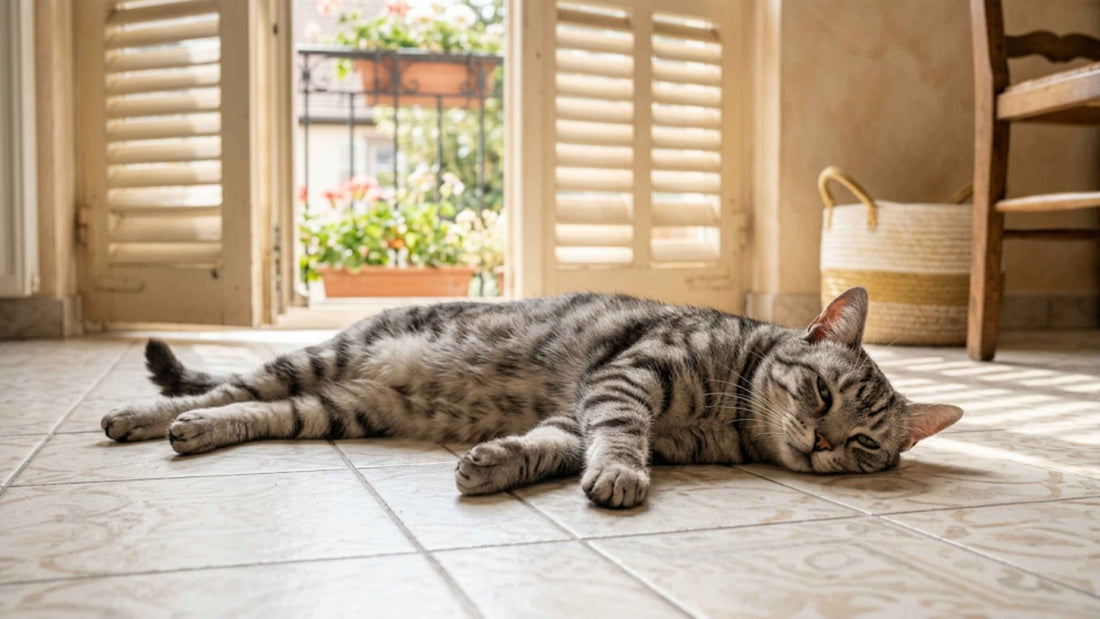 Chat allongé au frais pendant une canicule — prévention du coup de chaleur, Les Trésors d'Owka 