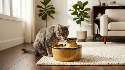 Chat tigré gris buvant à une fontaine, hydratation et prévention urinaire — Les Trésors d'Owka