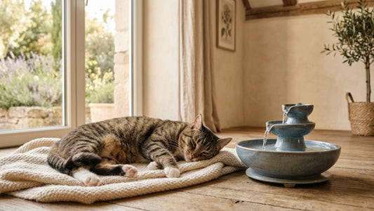 Chat s'hydratant à une fontaine à eau pour prévenir la cystite féline, Les Trésors d'Owka