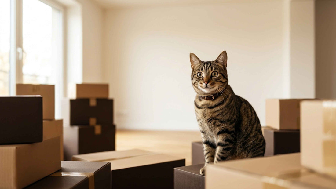 Chat tigré assis parmi des cartons de déménagement dans une pièce lumineuse — Les Trésors d'Owka