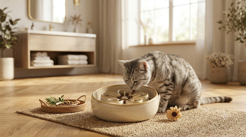 Chat mangeant dans une gamelle anti-glouton en céramique pour éviter de vomir ses croquettes — Les Trésors d'Owka