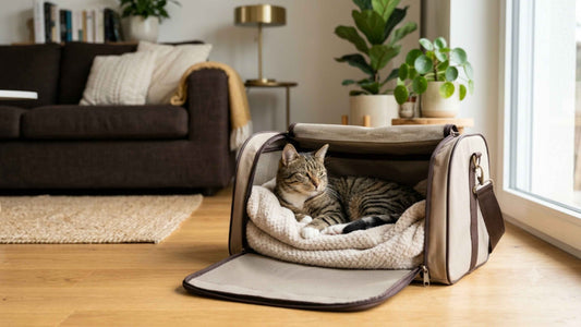 Chat tigré installé tranquillement dans une caisse de transport ouverte garnie d'une couverture — Les Trésors d'Owka