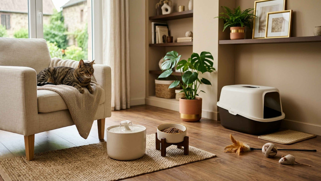 Intérieur bien équipé pour chat avec fontaine, gamelle et jouets — Les Trésors d'Owka
