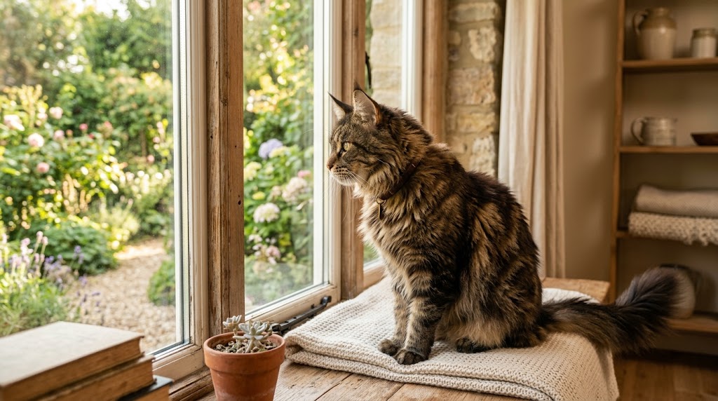 Chat Maine Coon curieux observant l'extérieur depuis une fenêtre, prêt à explorer