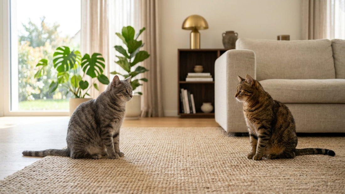Deux chats tigrés s'observant paisiblement lors d'une cohabitation réussie — Les Trésors d'Owka