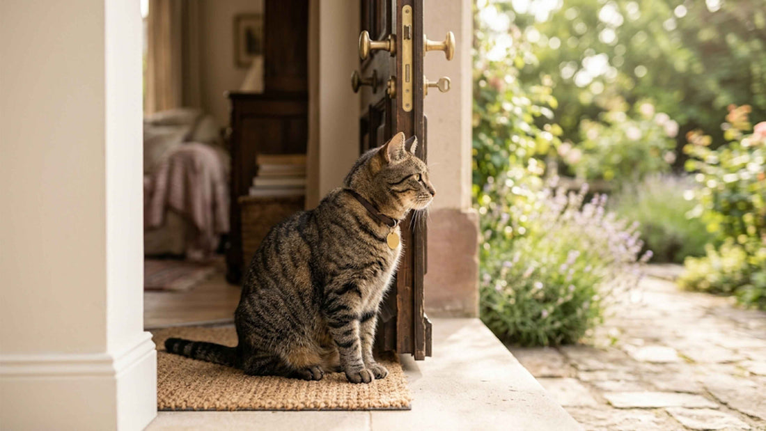 Chat tigré assis sur le seuil d'une porte observant un jardin ensoleillé — Les Trésors d'Owka
