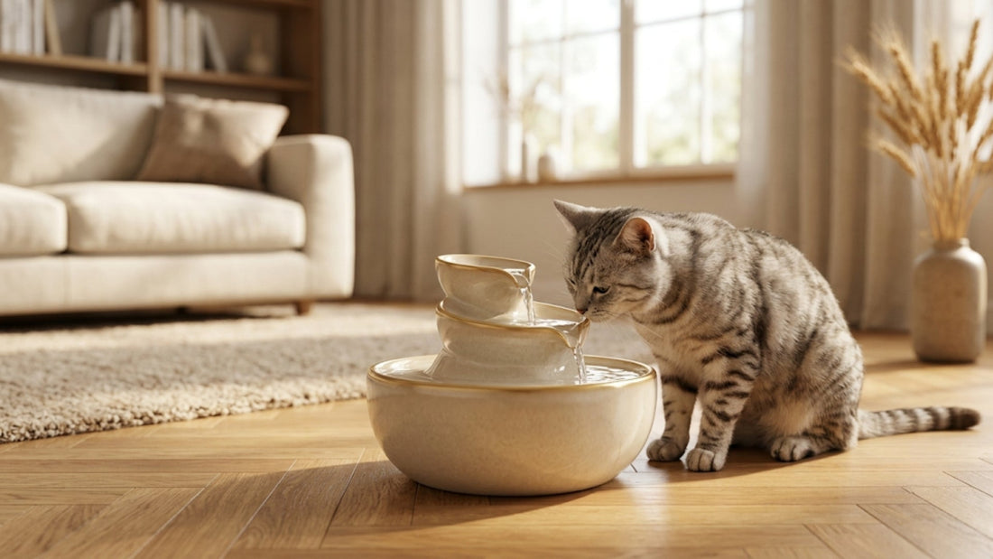 Fontaine à eau pour chat en céramique beige avec un chat qui boit — Les Trésors d'Owka