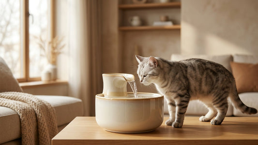 Fontaine à eau pour chat silencieuse en céramique avec un chat qui boit — Les Trésors d'Owka