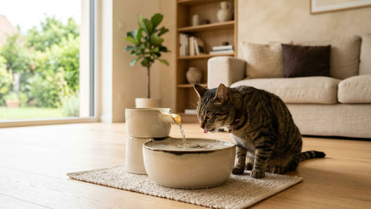 Chat tigré buvant à une fontaine en céramique élégante — Les Trésors d'Owka