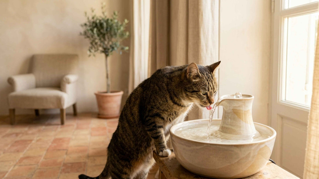 Chat buvant à une élégante fontaine à eau en céramique dans un intérieur chaleureux, Les Trésors d'Owka