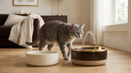 Comparatif entre un bol d'eau et une fontaine pour chat tigré gris — Les Trésors d'Owka