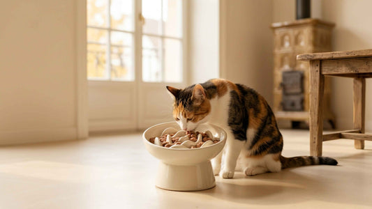 Chat mangeant lentement dans une gamelle anti-glouton en céramique surélevée, Les Trésors d'Owka