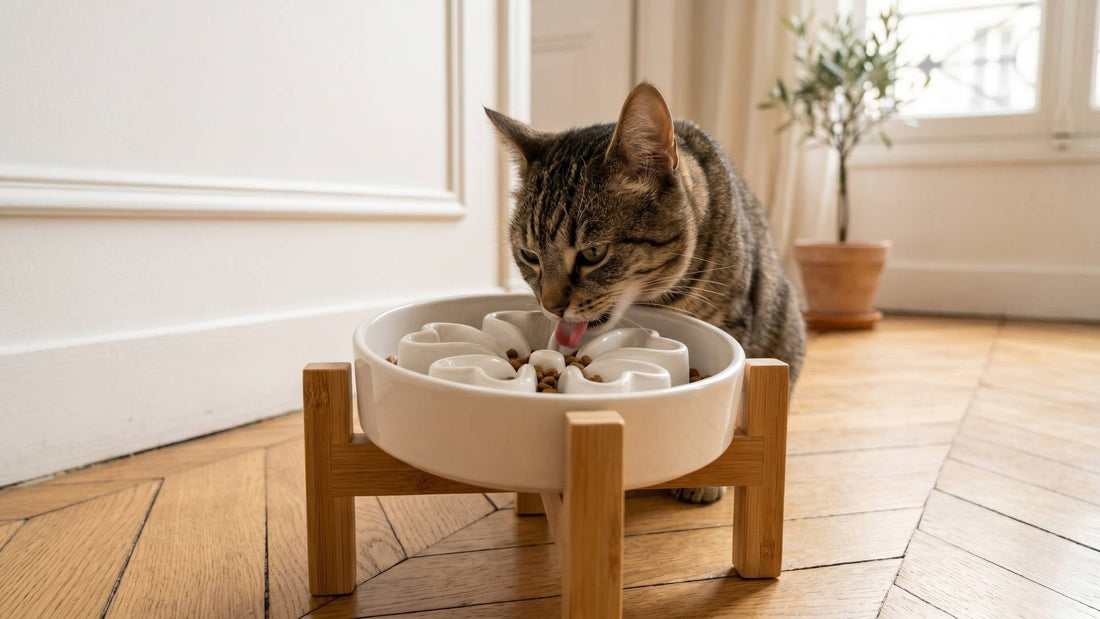 Gamelle ludique anti-glouton pour chat en céramique sur support bambou — Les Trésors d'Owka