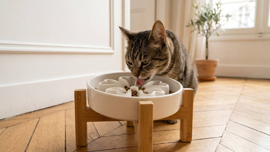 Gamelle ludique anti-glouton pour chat en céramique sur support bambou — Les Trésors d'Owka