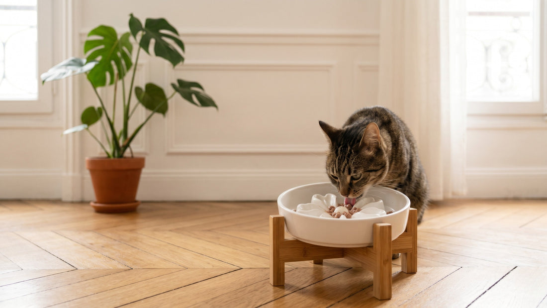 Gamelle ludique anti-glouton pour chat en céramique sur support bambou — Les Trésors d'Owka