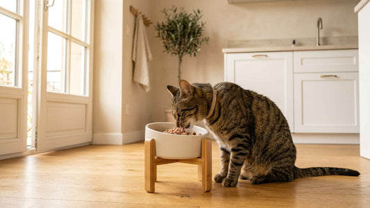 Chat mangeant confortablement dans une gamelle surélevée en céramique sur support bois, Les Trésors d'Owka