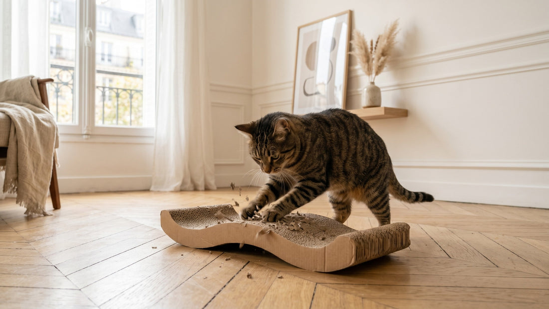 Chat qui griffe un griffoir en carton naturel dans un appartement minimaliste — Les Trésors d'Owka