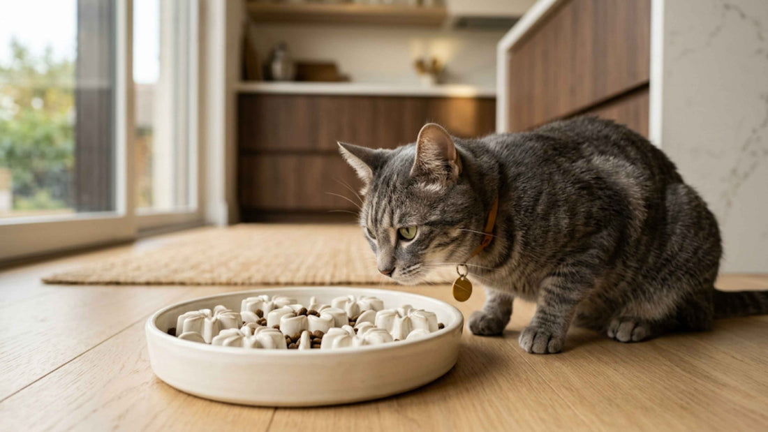 Chat tigré gris découvrant une gamelle anti-glouton en céramique — Les Trésors d'Owka