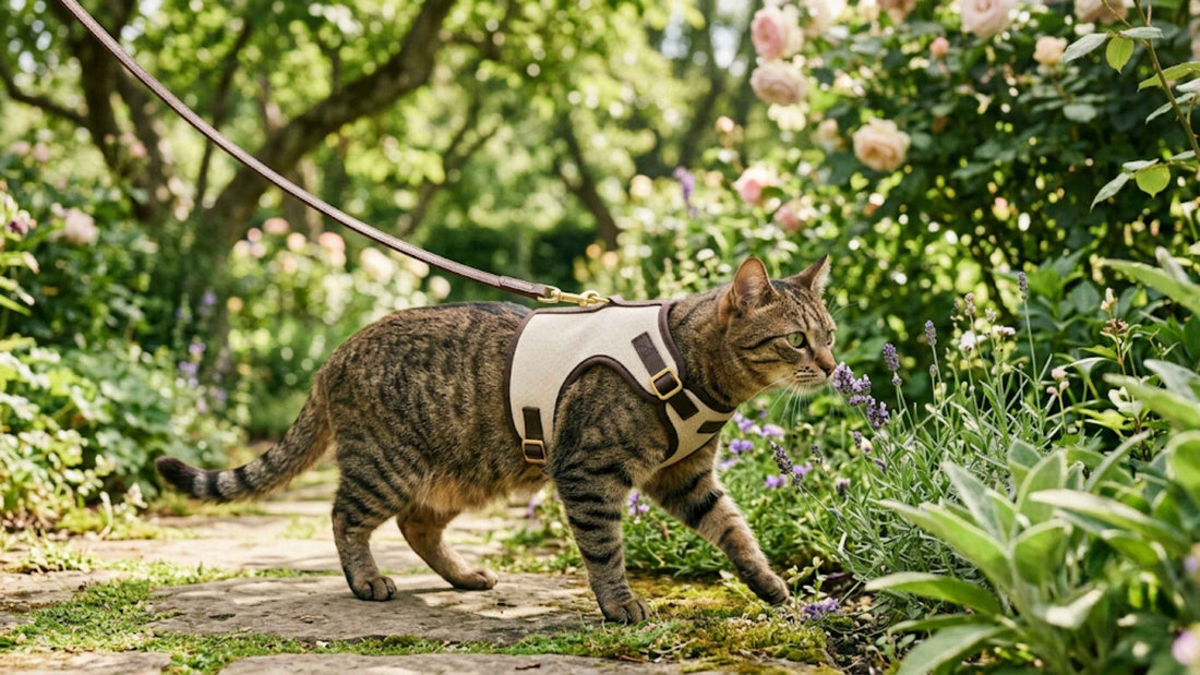 Chat tigré brun en harnais gilet explorant un jardin en laisse — Les Trésors d'Owka
