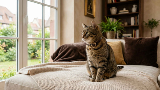 Chat tigré brun portant sereinement un collier léger — Les Trésors d'Owka