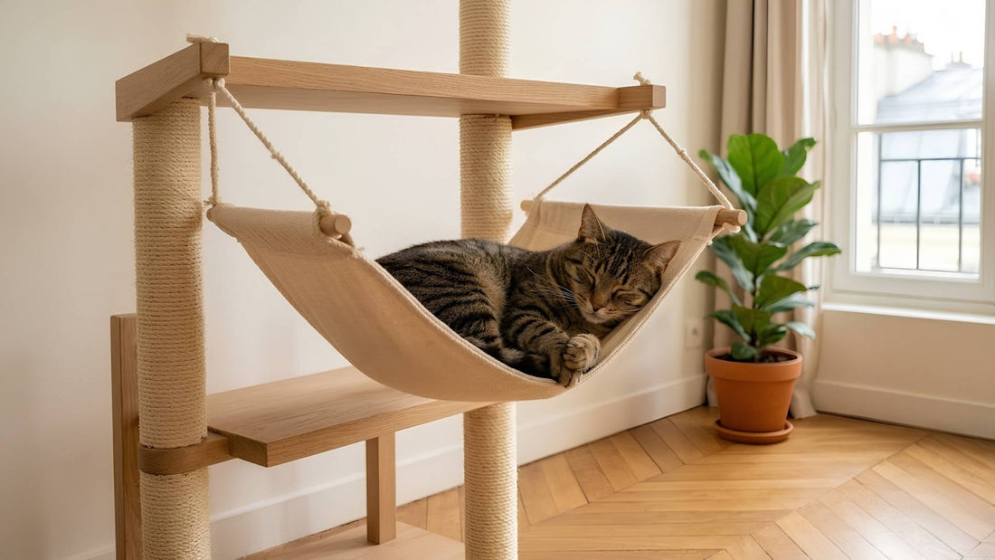 Chat installé dans un hamac pour chat fixé sur un arbre à chat dans un appartement parisien — Les Trésors d'Owka