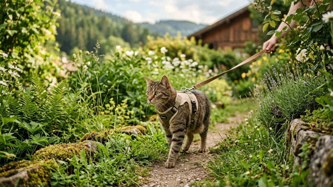 Chat en harnais anti-fugue explorant un jardin en toute sécurité au bout de sa laisse, Les Trésors d'Owka