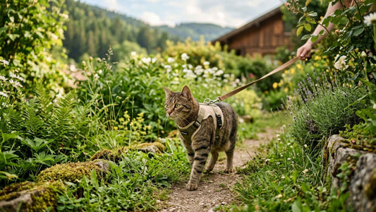 Chat en harnais anti-fugue explorant un jardin en toute sécurité au bout de sa laisse, Les Trésors d'Owka