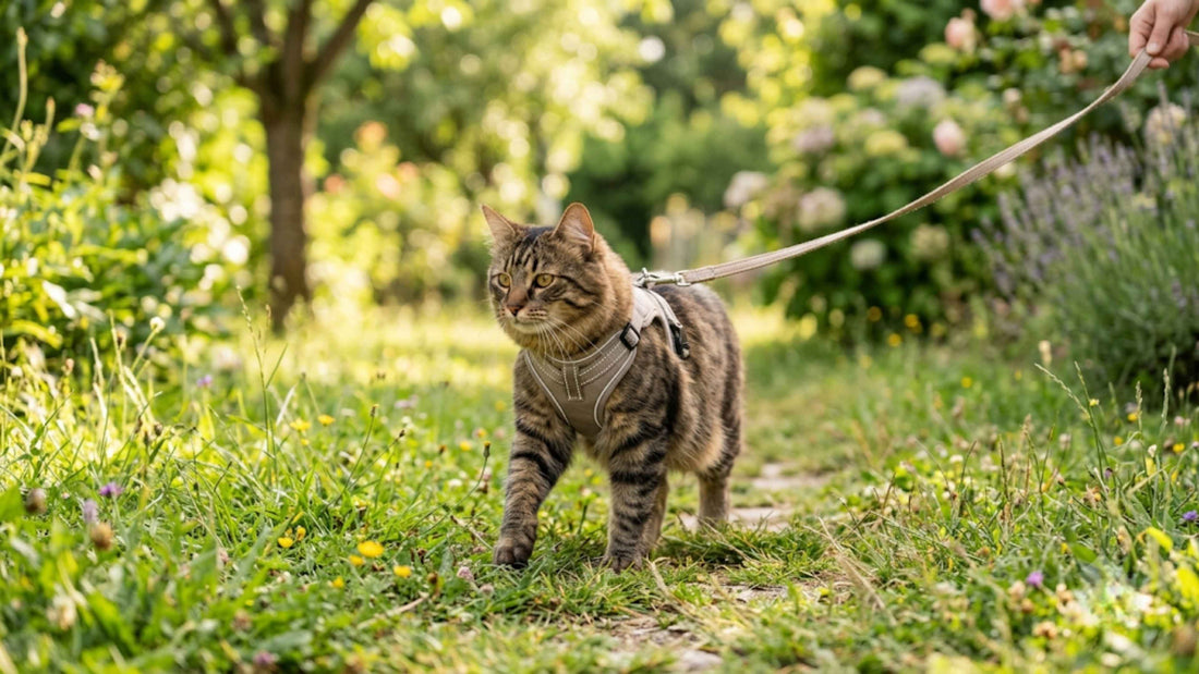 Chat portant un harnais gilet anti-fugue en promenade sécurisée à l'extérieur, Les Trésors d'Owka