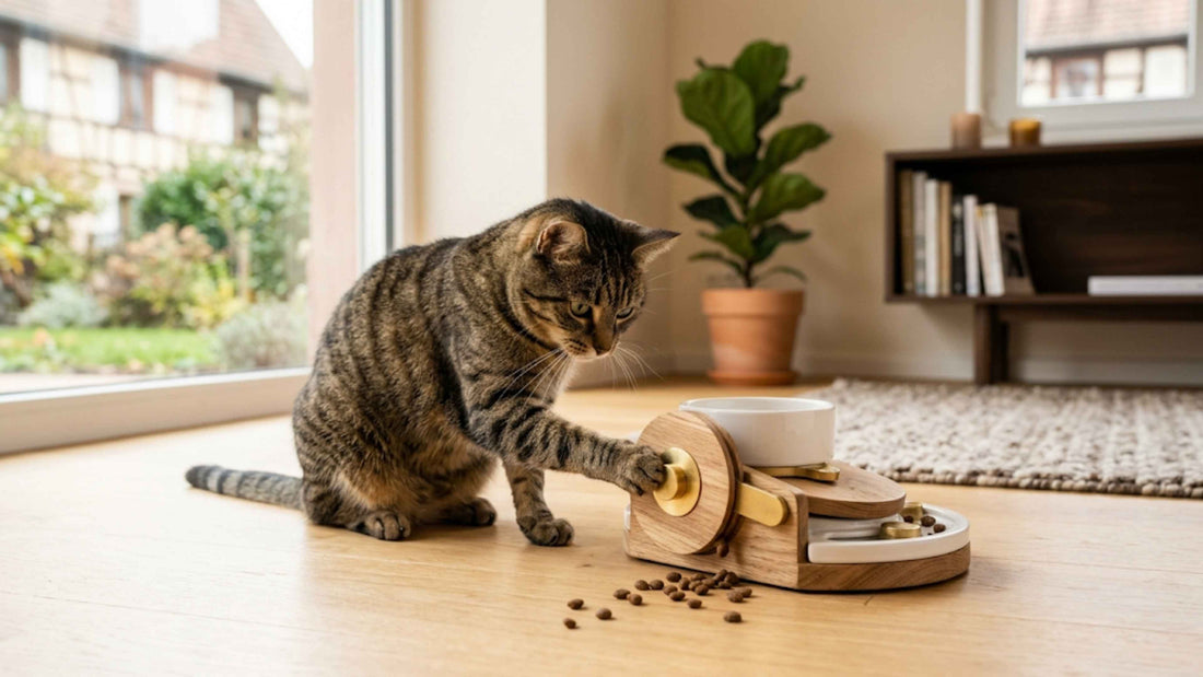 Chat tigré brun concentré sur un jouet distributeur de croquettes — Les Trésors d'Owka