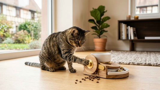 Chat tigré brun concentré sur un jouet distributeur de croquettes — Les Trésors d'Owka