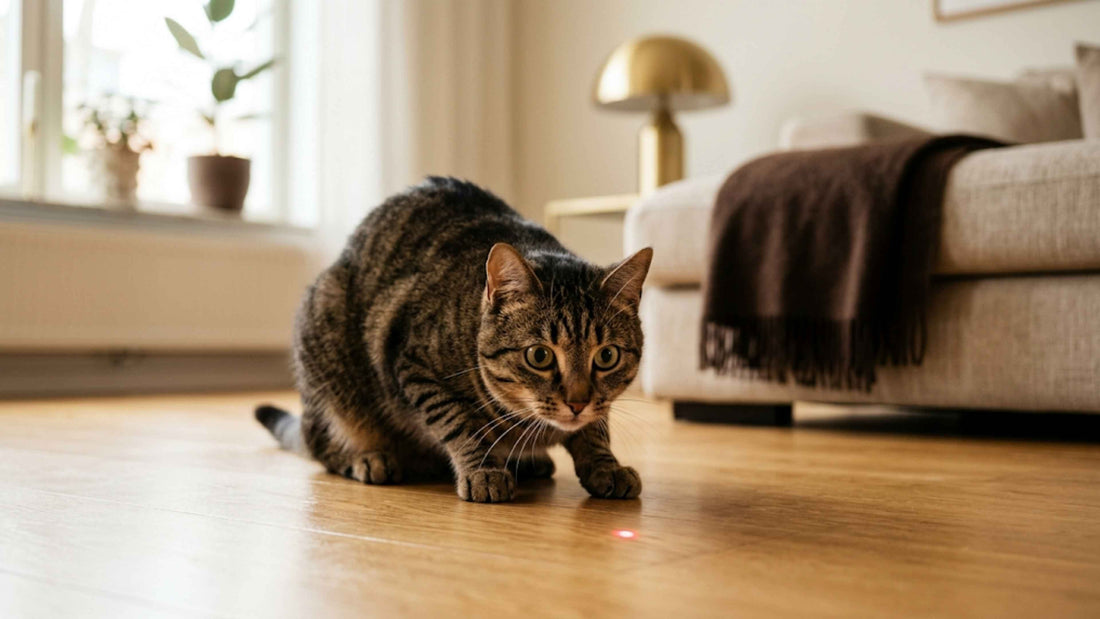 Chat tigré à l'affût fixant intensément un point lumineux rouge au sol — Les Trésors d'Owka
