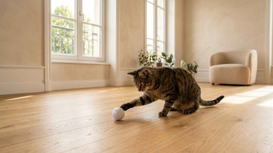 Chat jouant seul avec une balle interactive automatique en journée, Les Trésors d'Owka