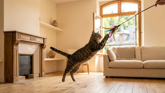 Chat jouant avec énergie à une canne à pêche à plumes dans un salon lumineux, Les Trésors d'Owka