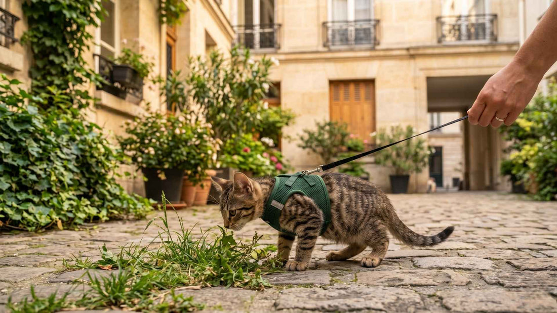 Laisse pour chaton attachée à un harnais gilet lors d'une première promenade — Les Trésors d'Owka