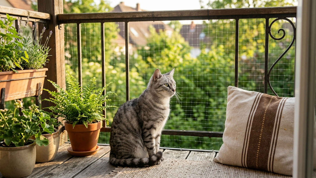 Chat installé sur un balcon sécurisé par un filet, observant l'extérieur en sécurité — Les Trésors d'Owka