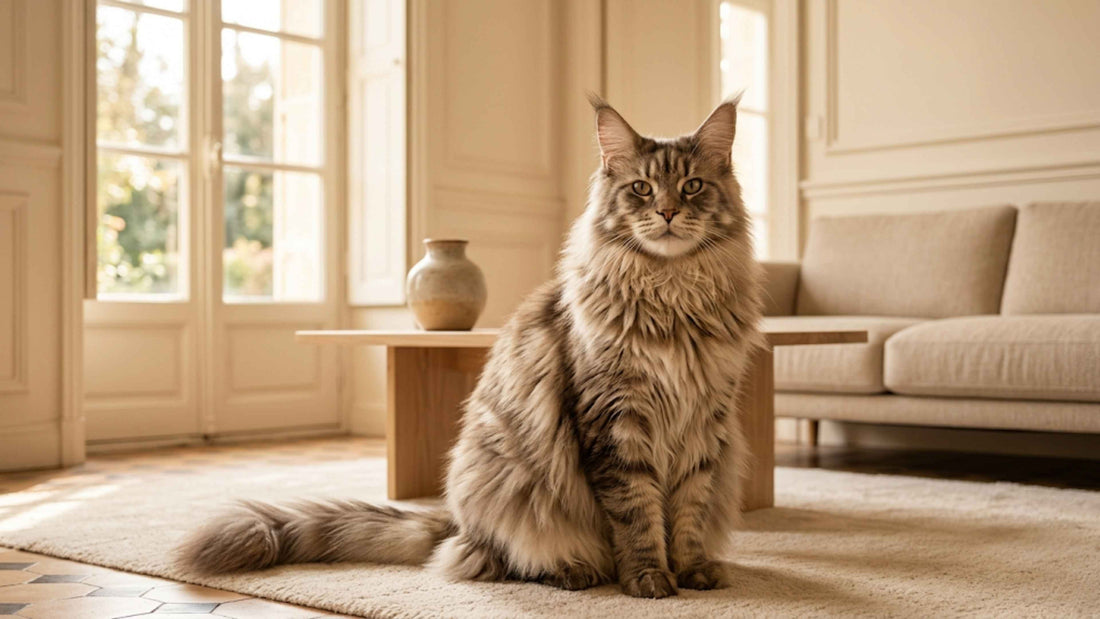 Majestueux chat Maine Coon à la fourrure épaisse dans un intérieur chaleureux, Les Trésors d'Owka