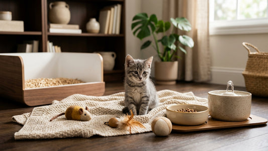 Chaton tigré gris entouré du matériel indispensable pour son adoption — Les Trésors d'Owka