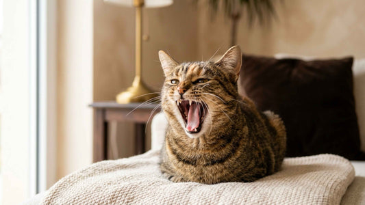 Chat tigré bâillant largement dans un intérieur lumineux — Les Trésors d'Owka