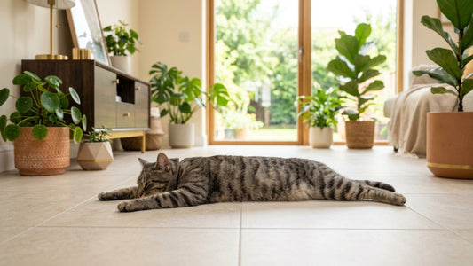 Chat tigré gris allongé de tout son long sur le carrelage frais pour se rafraîchir en été — Les Trésors d'Owka