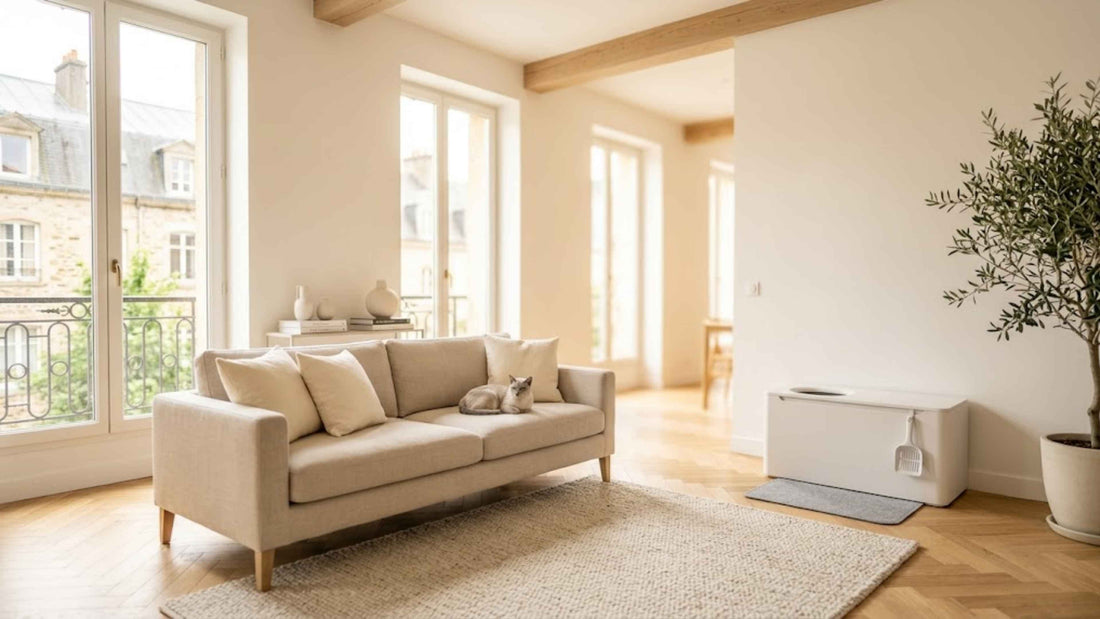 Intérieur d'appartement frais et propre avec un coin litière discret et sans odeur, Les Trésors d'Owka