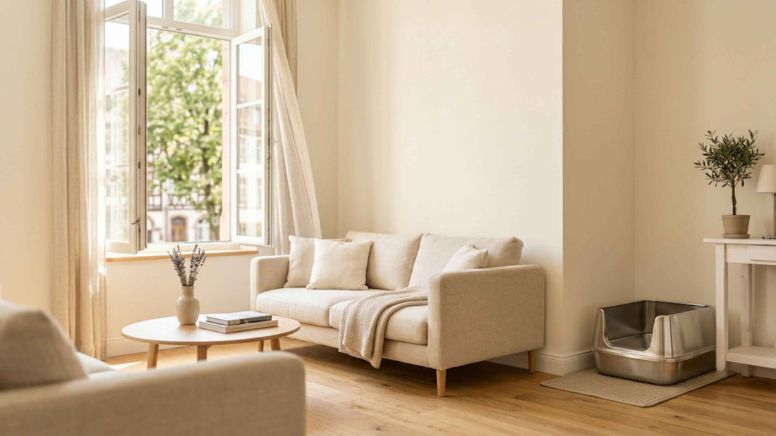 Intérieur d'appartement frais et propre avec un bac à litière inox anti-odeur, Les Trésors d'Owka