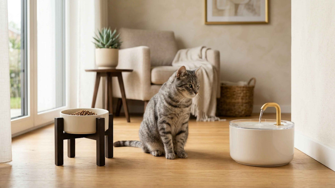 Coin repas de chat bien aménagé avec gamelle et fontaine séparées — Les Trésors d'Owka