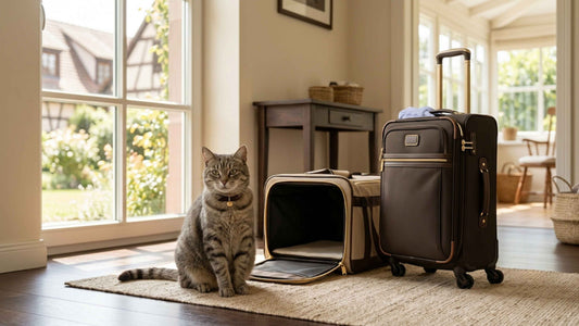 Chat tigré assis près d'une caisse de transport et d'une valise avant le départ en vacances — Les Trésors d'Owka