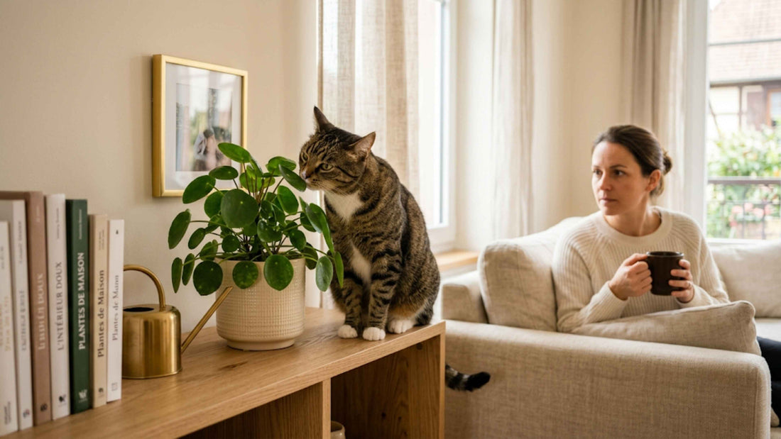 Chat tigré curieux reniflant une plante verte d'intérieur sur une étagère — Les Trésors d'Owka