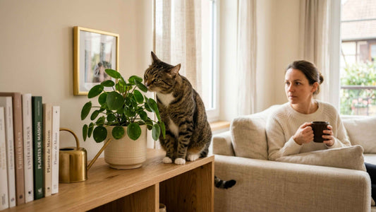 Chat tigré curieux reniflant une plante verte d'intérieur sur une étagère — Les Trésors d'Owka
