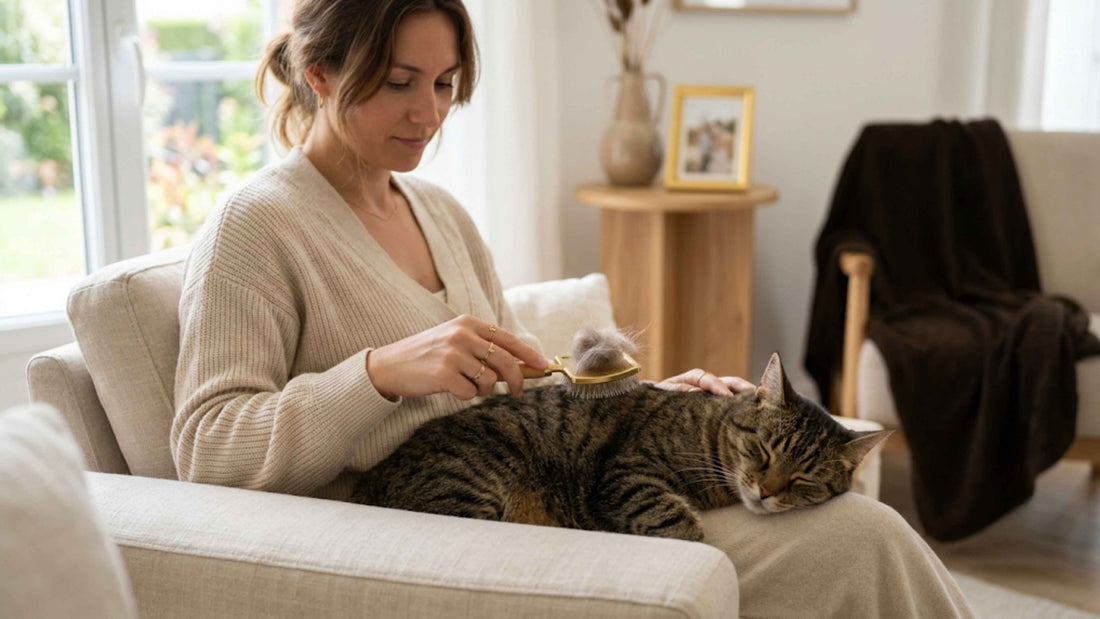 Chat tigré détendu se faisant brosser sur un canapé beige — Les Trésors d'Owka